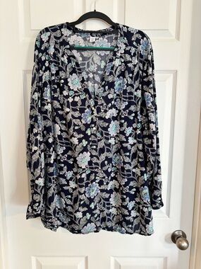 Old Navy Navy Floral V-Neck Long Sleeve Tunic